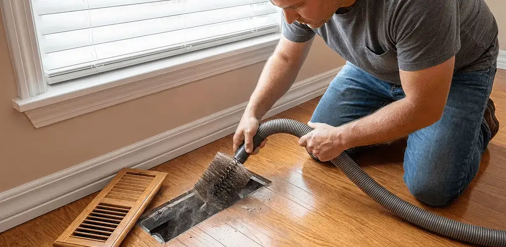 Air duct cleaning technician vacuuming a floor vent and duct opening in Allentown, PA