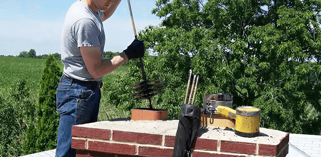 Chimney cleaning technician working on a rooftop chimney with professional tools in Allentown, PA