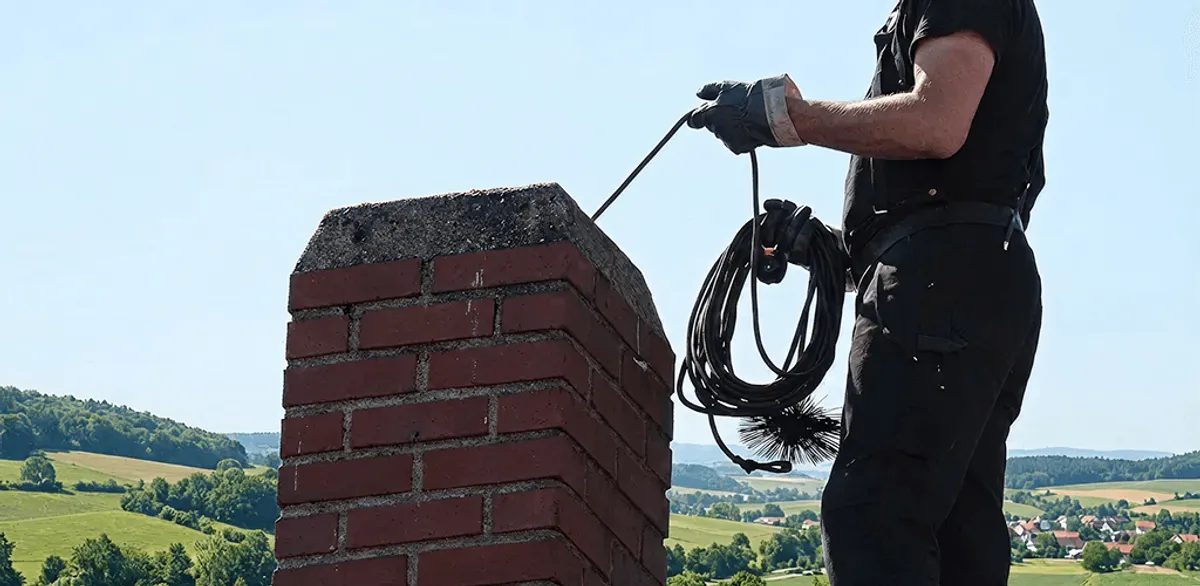 Chimney sweep inspecting and cleaning a rooftop chimney in Allentown, PA