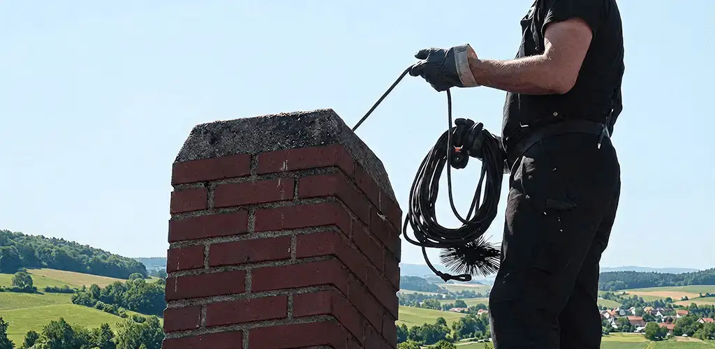 Chimney sweep inspecting and cleaning a rooftop chimney in Allentown, PA