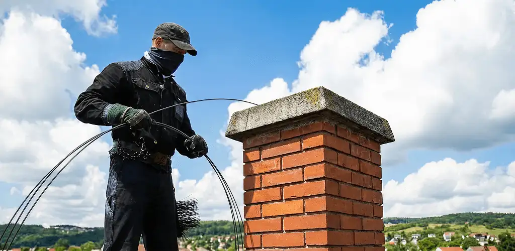 Chimney sweep cleaning a brick chimney with professional tools in Allentown, PA