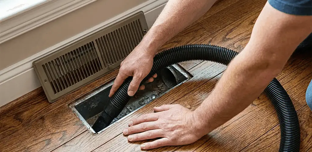 Air duct cleaning technician vacuuming a floor register and duct opening in Allentown, PA