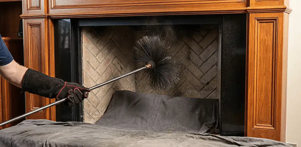 Chimney cleaning service brushing soot from a fireplace and flue in Allentown, PA