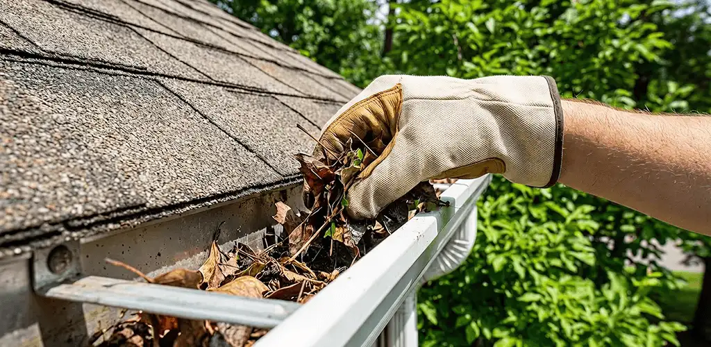 Gutter cleaning removing leaves and debris from roof gutters in Allentown, PA