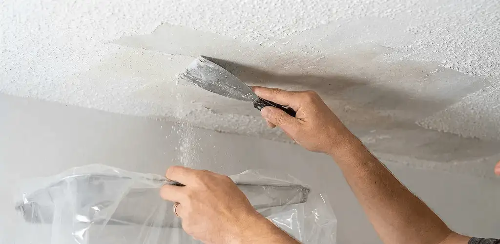 Popcorn ceiling removal technician scraping texture from a ceiling in Allentown, PA