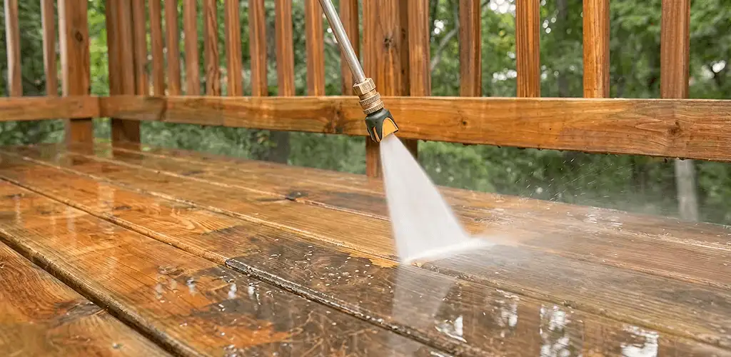 Pressure washing a wood deck to remove dirt and buildup in Allentown, PA