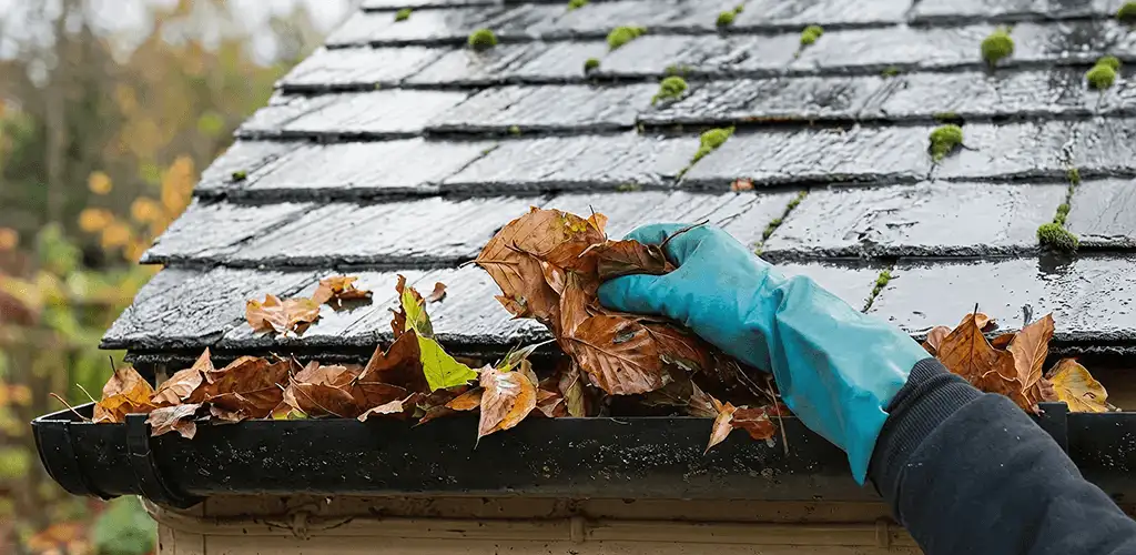 Gutter cleaning technician clearing wet leaves from roof gutters in Allentown, PA