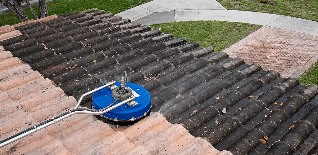 Roof pressure cleaning removing debris and buildup from roof tiles in Allentown, PA
