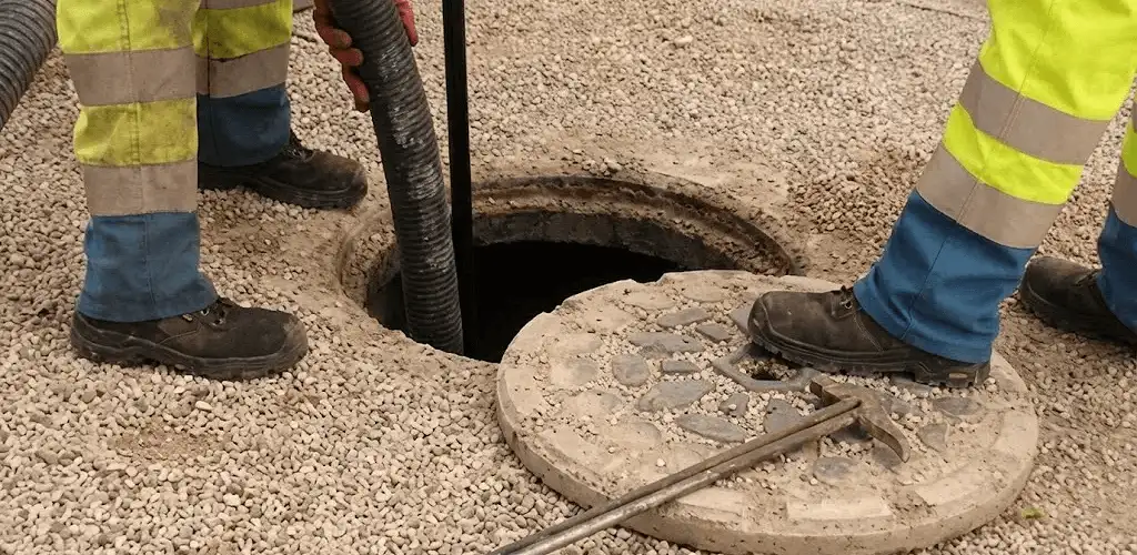 Drain cleaning crew clearing a sewer access point with professional equipment in Allentown, PA