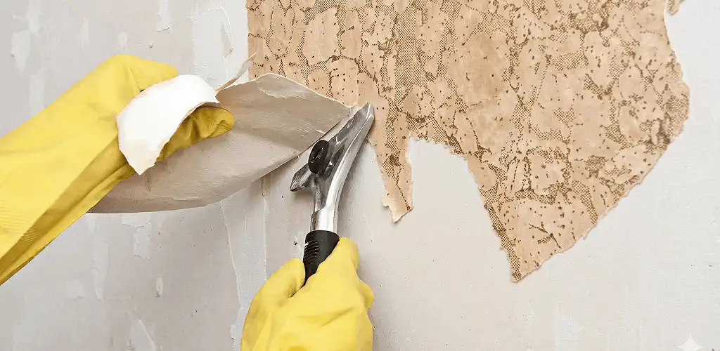 Wallpaper removal service stripping old wallpaper from a wall in Allentown, PA