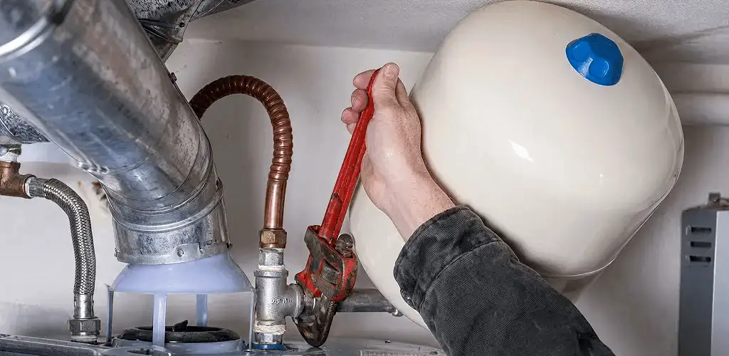 Water heater repair technician tightening plumbing connections near a tank unit in Allentown, PA
